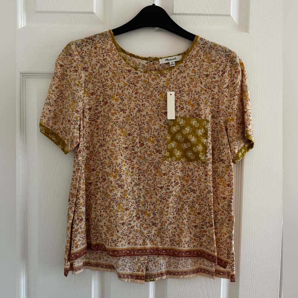 Madewell Cream Floral Short-Sleeve Tee with Olive Pocket
